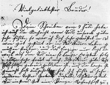 Eine Handschriftenprobe J.B.Stiehles, aufs doppelte vergrößert. - Stiehle schrieb seine Briefe in einer schönen, gut lesbaren, aber winzig zu nennenden Schrift mit einer durchschnittlichen Buchstabenhöhe von etwa vier Millimetern. Seine Briefe nach Dächingen enthalten manche Angaben über die politischen und wirtschaftlichen Zustände Ecuadors im dritten Viertel des 19. Jahrhunderts, aber sehr wenig über seine Architekten- und Baumeister-Aufgaben. Vor allem sind sie erbaulicher Art; sie versichern die Verwandten zu Hause seines ständigen Gebetes für sie, bitten um das Gebetsandenken und fordern zu einem christlichen Lebenswandel im Blick auf Fegefeuer und Hölle auf.